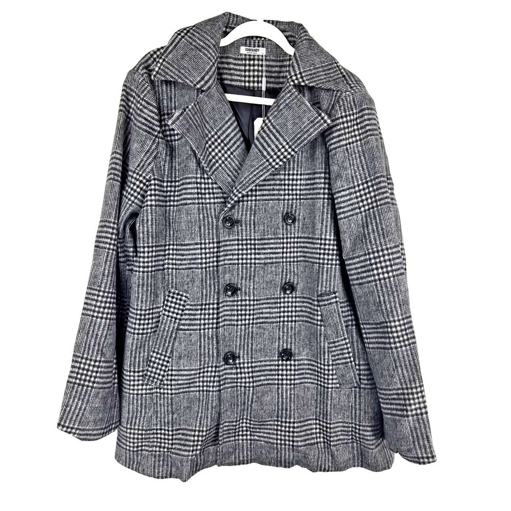 Coofandy Men's Size Medium‎ Black Gray Double Breasted Pea Coat NWT